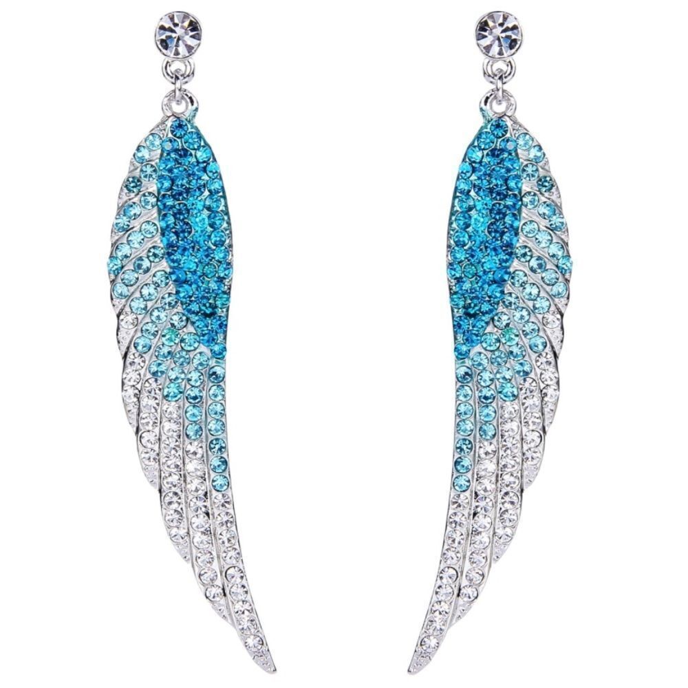 Silver with Aquamarine Sapphire  Blue Austrian Crystal Angel Wing Post Earrings